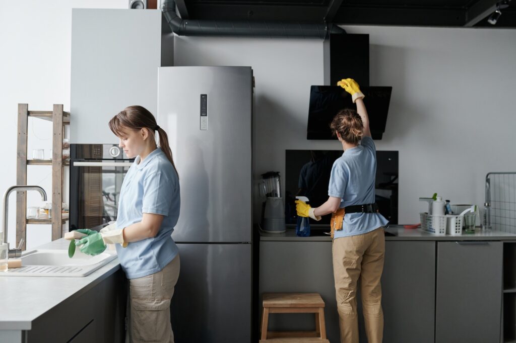 Professional cleaning workers doing housework in team